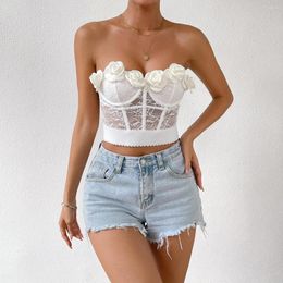 Women's Tanks Combhasaki Vintage Corset Tube Tops Strapless Backless 3D Rosette See-through Lace Vest Summer Club Party Crop