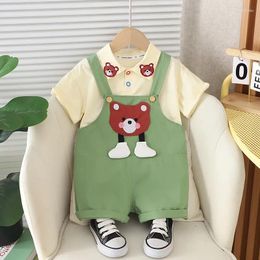 Clothing Sets 2024 Baby Summer Clothes For Kids Boy Fashion Cartoon Turn-down Collar Short Sleeve T-shirts Overalls Boys Boutique Outfit Set