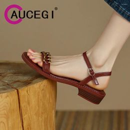 Casual Shoes Aucegi Elegant Women Quality Leather Roma Sandals 2024 Summer Flat Heels Peep Toe Metal Chain Buckle Strap Daily Life