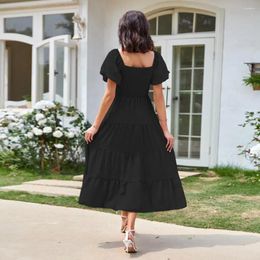 Casual Dresses Square Neck Women Dress Elegant Midi With Bubble Sleeves Pleated Patchwork Detail Women's A-line Hem For Beach