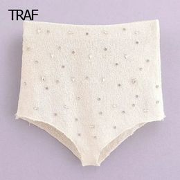 TRAF Mini High Waist Shorts Sexy Wear Booty Womens Summer Rhinestones Short Korean Style Elegant Beach 240518