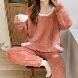 Women's Sleepwear 2024 Pajama Coral Velvet Autumn Winter Loungewear Thickened Plush Warm Flannel Round Collar Homewear Set