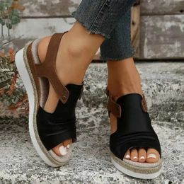 Wrap Heel Leather Women Sandals Wedge the Instep Side Empty Large Size Slope Slippers Buckle Strap Beach Peep Toe Dr 52b