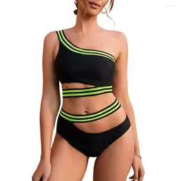 Women's Swimwear FS Women Green Stripe Print Oblique One Shoulder Hollow Out High Waist Black Bikini Set Lady Backless Swimsuit Two Pieces