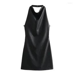 Casual Dresses Autumn Sexy Girl Fashion Versatile Waist Slimming Imitation Leather Halterneck Dress PU Backless Skirt