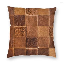 Pillow Brown Chequered Cowhide Patche Cover Home Decorative Animal Fur Leather Texture Throw For Car