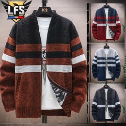 Men's Sweaters 2024 Autumn Korean Style Stand Collar Sweater Mens Thick And Velvet Men Cardigan Knitted Coat Stripe Jacket Male