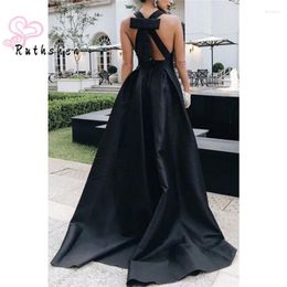Party Dresses V Neck Sexy Black Evening For Woman 2024 Criss Cross Back Bowknot Prom Wear Sweep Train Vestidos De Gala