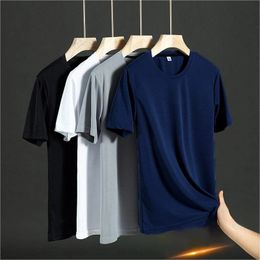 Men Short Sleeved T-shirt Ice Silk Quick Drying Summer Top High Elastic Solid Loose Size Sports T-shirt Gym Basketball Jersey 240524