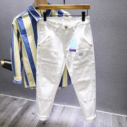 Men's Jeans Mens white stitched jeans fashionable ultra-thin elastic multi pocket Personalised bicycle denim jeans Trousers mens street clothing Q240523