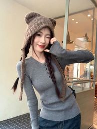 Women's T Shirts Deeptown Korean Style Grey Knitted T-shirts Women Gyaru Aesthetic Cute Long Sleeve Tees Y2k Harajuku Streetwear Corset Slim