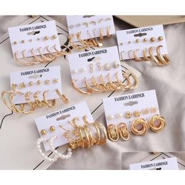 Charm 6Pairs/Set Gold Statement Earrings Metal Big Exaggerated Circle Stud Ear Ring Pearl Earring Set For Women Fashion Jewellery Drop D Otfzk