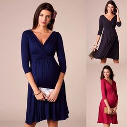 Comfy Pregnant Women Nursing Cotton Evening Gown Mother Breastfeeding Clothes High Waist Fold Maternity Dress 240524