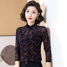 Women's Blouses Half High Neck Mesh Lace Pullover Spring Autumn Temperament Fashionable And Versatile Western-Style Printed Top