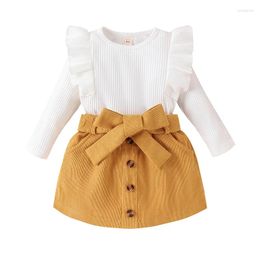 Clothing Sets Fashion Autumn Kids Girls Clothes Set Long Sleeve Ruffle Ribbed Tops Solid Color Button Skirt Casual 2PCS Children