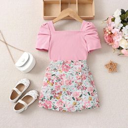 Clothing Sets 1-6 Years Toddler Girls 2Pcs Summer Outfit Pink Short Sleeve Ribbed Tops Floral Print Button Skirts Shorts Children