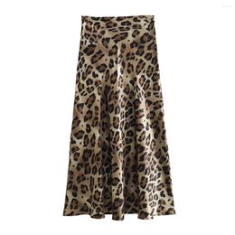 Skirts Women Vintage Leopard Print Satin Skirt Summer Pleated Side Zipper Midi High Waist Female Chic Lady Streetwear Long