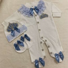 Dollbling Custom Name Jumpsuet 면화 신생아의 옷 분홍색과 금 라인 스톤 크라운 Jurken White Baby Pamas Set L2405