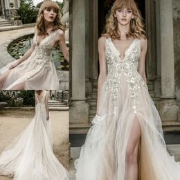 Neck Deep V Backless Bohemian Dresses Lace Applique Beads Side Split Sexy Wedding Gown Chapel Train Plus Size Bridal Dress