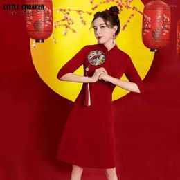 Ethnic Clothing Ins Red Fashion Modern Chinese Year Clothes For Woman Cheongsam A-line Dress Women Qipao Traditional