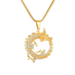 Hip Hop Iced Out Bling Chinese Dragon Pendant Statement Male 14K Yellow Gold Animal Necklace For Men Jewelry Gift 2024