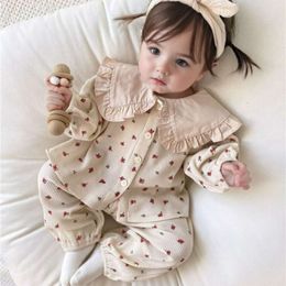 Recém-nascidos Garota Pama Cardigan Pripa de Lappel Flower Print+Calças 2pcs Infantas Criança Infantil Criando de roupas de dormir para bebê 0-2y L2405