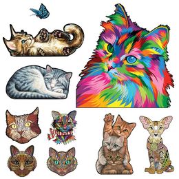 Puzzles Jigsaw Wooden Puzzle Cat Irregular Wooden Puzzle With Wooden Box Family Interactive Games Diy Crafts Gift For Kids And Adults Y240524