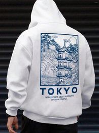 Men's Hoodies Trendy Oversized White Loose Fit Slogan Graphic Shoulder Thermal Streetwear Long Sleeve Hooded Sweatshirts Clothes