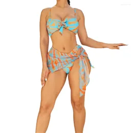 Women's Swimwear FS Women Blue Floral Print Stitching Tie Front Cover Ups Bikini Set Lady Split Patchwork Swimsuit Three Pieces 2024