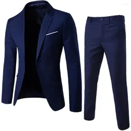 Men's Suits 1 Set Men Business Suit Solid Color Slim Fit Blazer Pants Sets Turndown Collar One Button Pockets Formal Clothes