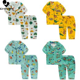 New 2022 Kids Boys Girls Pamas Fashion Cartoon Short Sleeve Lapel Shirt Tops with Pants Baby Summer Loose Sleeping Homewear L2405