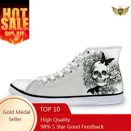 Casual Shoes White Canvas Fabric High-top Men Fashion 3D Custom Skull Pattern Design For Autumn Sports Non-Slip Flats