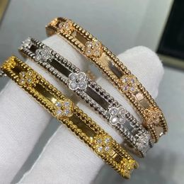 Designer Bangle Brand Bracelets for Women Gold Plated Full Crystal Four Leaf Perlee Sweet Clover Flower Cuff Valentine Party