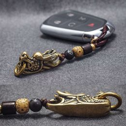 Men Car Key Rings Pendants Pure Brass Dragon Head Keychain Keyring Charms Gifts Vintage Copper Beast Woven Rope Hanging Jewellery