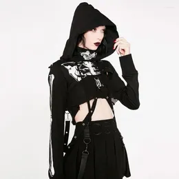 Women's Hoodies Sexy Gothic Emo Strap Skull Printed Long Sleeve Cropped Hoodie Punk Hollow Out Hooded Tops With Mask And Belts Detail