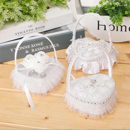 Gift Wrap Romantic White Lace Ruffles Heart Rings Jewelry Box Hand-held Flowers Basket Bridal Wedding Ceremony Party Boxes Decor