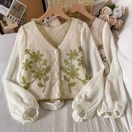 Women's Knits Spring Crochet Knit Cardigan For Women V-Neck Puff Long Sleeve Embroidery Floral Jacket Retro Button Down Knitwear Coat