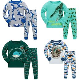 3-8 lat Dzieci Pamas Sets Shark Baby Boys Sleep Falar Nightdress Blue Boy Pijama Loungewear T-shirt spodni PJs Cotton L2405