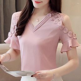 Women's Polos Chiffon Blusas Mujer De Moda 2024 Floral Shirts Women Elegant Blouse Flower Female V Neck Clothes Tops 866G