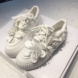 Fitness Shoes Handmade Flower Fashion Sneakers Women Vulcanised Chunky Platform Creepers Casual Trainers Ladies White Canvas Woman