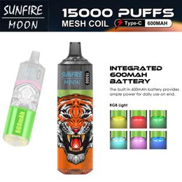 Original Sunfire tornado puff 15000 9000 pro rand 15k m disposable vape 600mAh rechargable E-cigarettes 20ml Vape 0/2/3/5% RGB Light 10 Flavour Mesh Coil Vapour in France FR