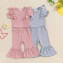 Clothing Sets Toddler Baby Girls Clothes Solid Colour Ruffle Short Sleeve T-Shirt Flare Trousers/Shorts SetLittle 2 Pcs Spring Summer