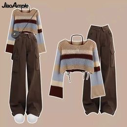 Spring Autumn Sweater Halter Sling Cargo Pants 1 or 3 Piece Set Women Casaul Multi Stripe Knit Tops Vest Trousers Outfits 240517