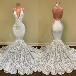 Sexy Halter Mermaid Wedding Dresses Lace Ruffles Sweep Train vestido de novia Backless Bridal Gowns robes de mariee 185Q