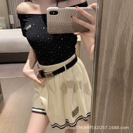 Women's Suits & Blazers Summer V-neck Diamond Embroidery Letter Knitted Short Sleeves Paired with Academy Style Knitted Half Skirt with Belt