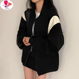 Women's Jackets APIPEE Oversized Bomber Jacket Women Vintage Zipper Black Patchwork Baseball Coat Female Korean Autumn Casual Loose