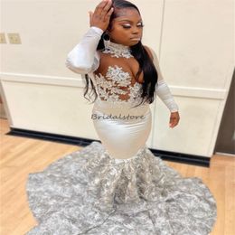 Silver 3D Flower Prom Dresses For Black Girls High Neck Long Sleeve Mermaid Evening Dress 2024 Floor Length Aso Ebie Birthday Formal Dress Vestido Fiesta Mujer Custom