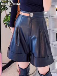 Women's Shorts Fashion High Waist Women Wide Leg Streetwear Versatile Spring Summer Casual Punk Black Cowskin Genuine Leather