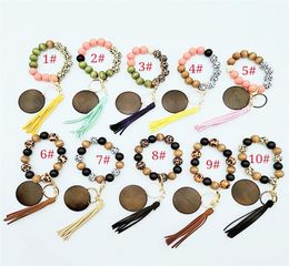 Wooden Beads Wrist Keychain PU Leather Key Ring Leopard Party Wood Bead Bracelet Wristband Bangle with Disc Tassel for Women Wrist5879323