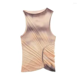 Women's Tanks 2024 Summer Round Neck Sleeveless Asymmetrical Pleated Screen Printing Slim Top Fashion Ladies Vest